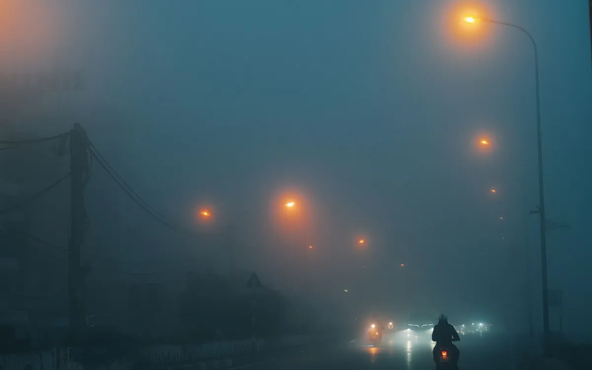 Ulica nocą we mgle, świecące latarnie i motocyklista